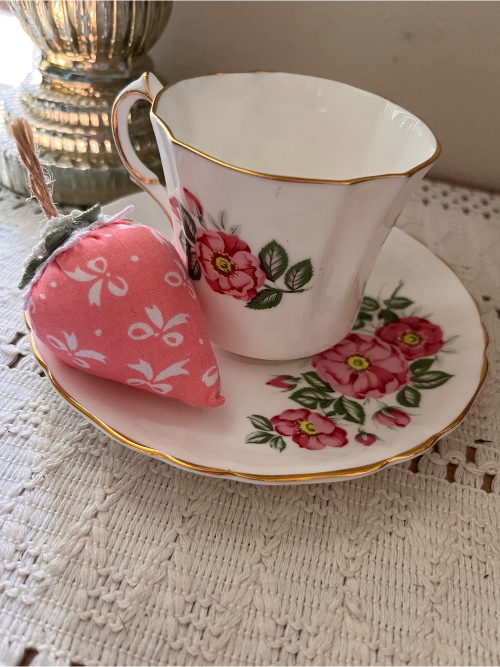 Vintage Floral Teacup and Saucer - Pink Rose Pattern with Gold Trim